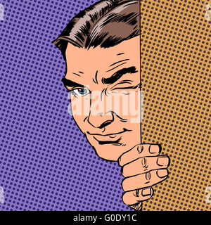 Man spy keeps peeking out from behind the wall style pop art ret Stock Photo