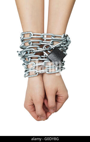 Social theme: hands tied a metal chain on a white background Stock Photo