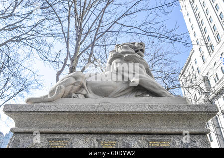 Montreal, Canada - March 27, 2016: Lion de Belfort, an attribute to Queen Victoria, Dominion Square, downtown, Montreal, Canada. Stock Photo