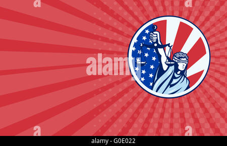 Business card American Lady Holding Scales of Justice Flag retro Stock Photo