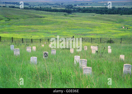 Headstones on Last Stand Hill, Little Bighorn Battlefield National Park Montana, marking where the 7th Cavalry fell June 26 1876 Stock Photo