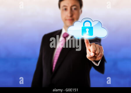 Smiling Businessman Touching A Locked Cloud Icon Stock Photo