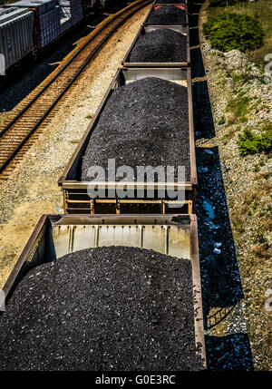 Overhead view of train cars piled high with black coal on railroad tracks along side tanker cars Stock Photo