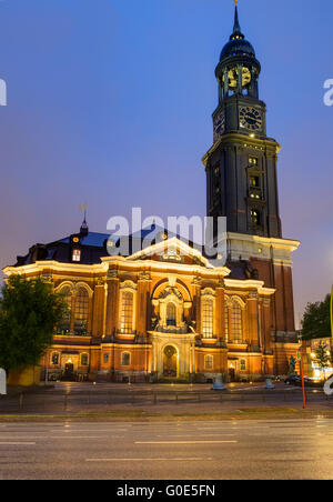 The famous St. Michaelis church in Hamburg at nigh