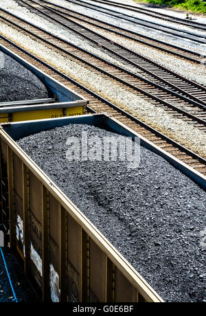 Overhead vertical view of train cars piled high with black coal on railroad tracks along side Stock Photo