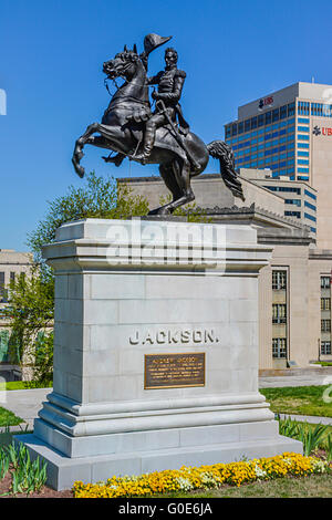 7th President Andrew Jackson Equestrian Statute with flowers on the grounds of the Tennessee State Capitol in Nashville, TN Stock Photo