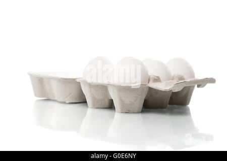 Chicken eggs in an egg box Stock Photo