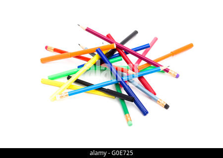 a bunch of pencils and felt-tip pens on a white ba Stock Photo