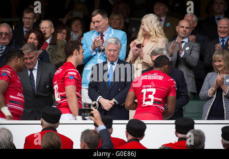 Twickenham Stadium, UK. 30th April 2016. Defence Secretary Michael Fallon MP at the award ceremony. Capacity crowd of 80,000 at a sell-out match watch the British Army take on the Royal Navy for the Babcock Trophy. In October 2017 Sir Michael Fallon resigned as Defence Secretary. Credit: Malcolm Park/Alamy Live News.