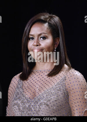 Washington, District of Columbia, USA. 30th Apr, 2016. First Lady Michelle Obama smiles during the White House Correspondents' Association annual dinner on April 30, 2016 at the Washington Hilton hotel in Washington.This is President Obama's eighth and final White House Correspondents' Association.Credit: Olivier Douliery/Pool via CNP Credit:  Olivier Douliery/CNP/ZUMA Wire/Alamy Live News Stock Photo