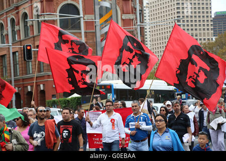 Sydney, Australia. 1 May 2016. The annual May Day March started in Belmore Park, near Central Station and proceeded along Broadway to Victoria Park, Camperdown. Various worker’s unions and other left wing organisations and groups took part. Pictured: Che Guevara flags. Credit:  Richard Milnes/Alamy Live News Stock Photo