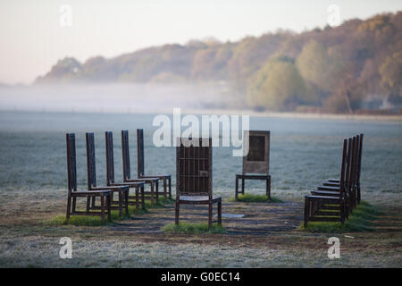 Runnymede, UK. 1st May, 2016. The Jurors at Runnymede just after dawn on May Day. This artwork was produced by Hew Locke to mark the 800th anniversary of the sealing of the Magna Carta. Credit:  Mark Kerrison/Alamy Live News Stock Photo