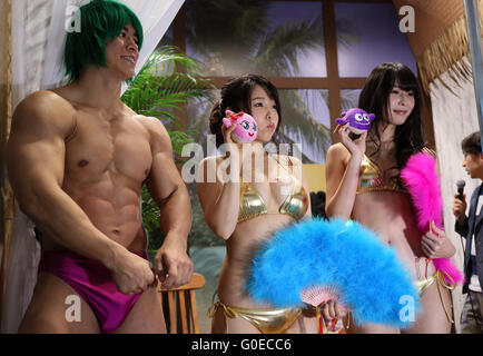 Chiba, Japan. 30th Apr, 2016. Models in characters of Super Sea Story pose for photo for the pachinko game during the Niconico Chokaigi in Chiba on Saturday, April 30, 2016. Some 150,000 visitors enjoyed over 100 booths including games, hobbies, sports, politics as well as Japan's sub cultures at the two-day offline meeting sponsored by Japan's video sharing website 'Niconico Douga'. © Yoshio Tsunoda/AFLO/Alamy Live News