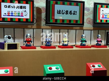Chiba, Japan. 30th Apr, 2016. Japan's telecommunication giant NTT displays robot ogiriashow, humanoid robots Sota give unique coments to various topics during the Niconico Chokaigi in Chiba on Saturday, April 30, 2016. Some 150,000 visitors enjoyed over 100 booths including games, hobbies, sports, politics as well as Japan's sub cultures at the two-day offline meeting sponsored by Japan's video sharing website 'Niconico Douga'. © Yoshio Tsunoda/AFLO/Alamy Live News