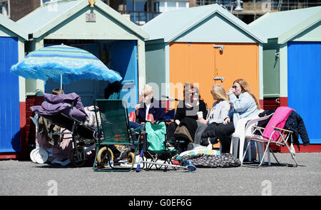 Hove Brighton UK 1st May 2016 - This group enjoy the Spring sunshine at a beach hut on Hove seafront this afternoon during the bank holiday weekend  Credit:  Simon Dack/Alamy Live News Stock Photo