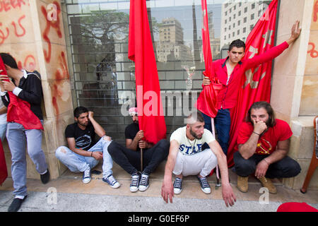 Beirut,Lebanon. 1st May 2016 . Members of the Lebanese communist party and trade unionists staged a rally in central Beirut to celebrate May Day and in support of  national and international workers rights Credit:  amer ghazzal/Alamy Live News Stock Photo