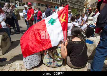 Beirut,Lebanon. 1st May 2016 . Members of the Lebanese communist party and trade unionists staged a rally in central Beirut to celebrate May Day and in support of  national and international workers rights Credit:  amer ghazzal/Alamy Live News Stock Photo