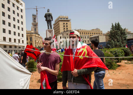 Beirut,Lebanon. 1st May 2016 . Members of the Lebanese communist party and trade unionists staged a rally in central Beirut to celebrate May Day and in support of  national and international workers rights Credit:  amer ghazzal/Alamy Live News Stock Photo