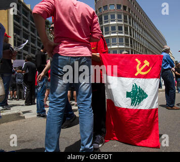 Beirut,Lebanon. 1st May 2016 . Members of the Lebanese communist party and trade unionists staged a rally in central Beirut to celebrate May Day and in support of  national and international workers rights Credit:  amer ghazzal/Alamy Live News Stock Photo