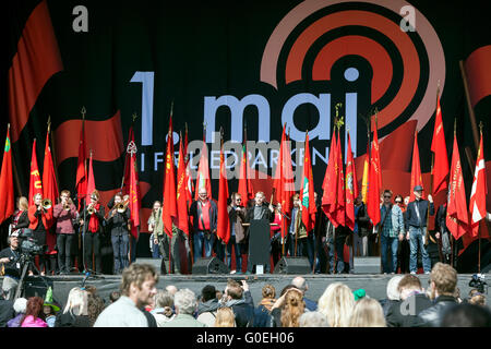 Copenhagen, Denmark, May 1st, 2016: Union falgs at the stage at the Labour Day Celebration in Faelledparken, Copenhagen. Credit:  OJPHOTOS/Alamy Live News Stock Photo