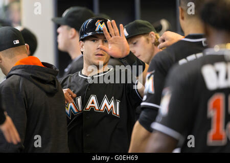 Milwaukee, WI, USA. 30th Apr, 2016. Miami Marlins left fielder Derek Dietrich #32 is congratulated in the Major League Baseball game between the Milwaukee Brewers and the Miami Marlins at Miller Park in Milwaukee, WI. John Fisher/CSM/Alamy Live News Stock Photo