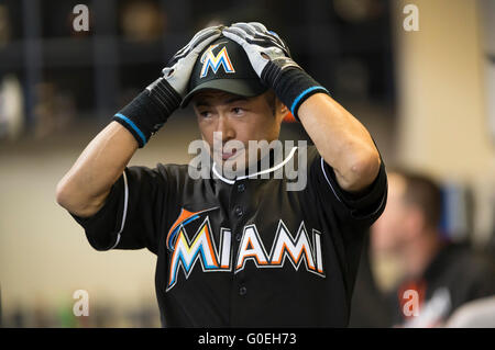 Milwaukee, WI, USA. 30th Apr, 2016. Miami Marlins right fielder Ichiro Suzuki #51 during the Major League Baseball game between the Milwaukee Brewers and the Miami Marlins at Miller Park in Milwaukee, WI. John Fisher/CSM/Alamy Live News Stock Photo