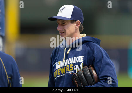 Milwaukee, WI, USA. 30th Apr, 2016. Milwaukee Brewers manager Craig Counsell #30 prior to the Major League Baseball game between the Milwaukee Brewers and the Miami Marlins at Miller Park in Milwaukee, WI. John Fisher/CSM/Alamy Live News Stock Photo