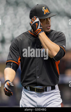 Milwaukee, WI, USA. 30th Apr, 2016. Miami Marlins right fielder Giancarlo Stanton #27 prior to the Major League Baseball game between the Milwaukee Brewers and the Miami Marlins at Miller Park in Milwaukee, WI. John Fisher/CSM/Alamy Live News Stock Photo