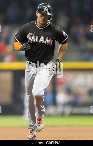 Milwaukee, WI, USA. 30th Apr, 2016. Miami Marlins right fielder Giancarlo Stanton #27 homers in the Major League Baseball game between the Milwaukee Brewers and the Miami Marlins at Miller Park in Milwaukee, WI. John Fisher/CSM/Alamy Live News Stock Photo