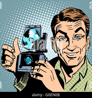 Photographer with retro camera hand gesture all is well Stock Photo