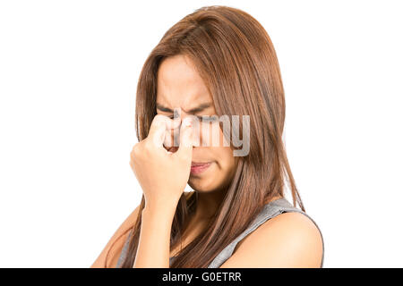 Close Up Frowning Asian Woman Headache Stock Photo