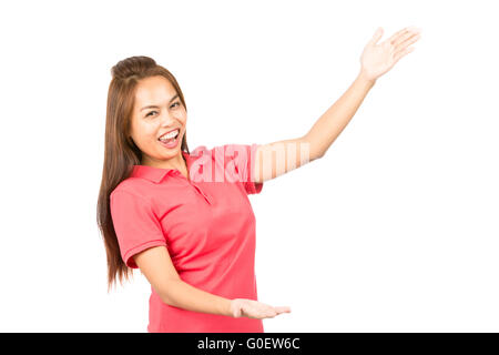Presenting Product Person Asian Female Half H Stock Photo