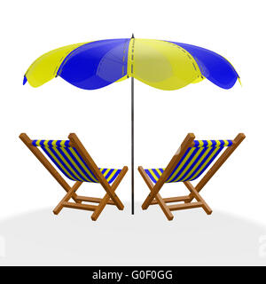 Two Blue Yellow Beach Loungers Under Parasol Stock Photo