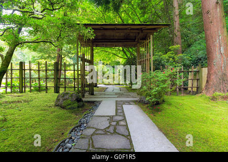 Covered Gate at Japanese Garden in Springtime Stock Photo