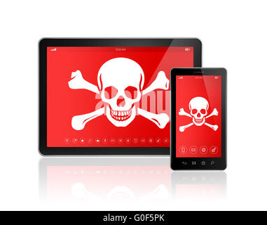 Digital tablet PC and smartphone with a pirate symbol on screen. Hacking concept Stock Photo