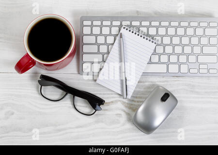 Workspace with technology and coffee on white desktop Stock Photo