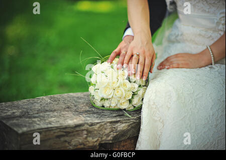 Just married couple walking in love and their hands Stock Photo