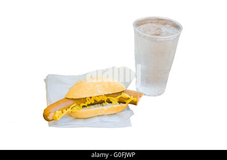 Sausage, mustard in bun with mineral water. Isolat Stock Photo
