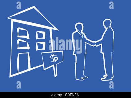 Silhouette of two businessmen shaking hands in front of house for sale Stock Photo