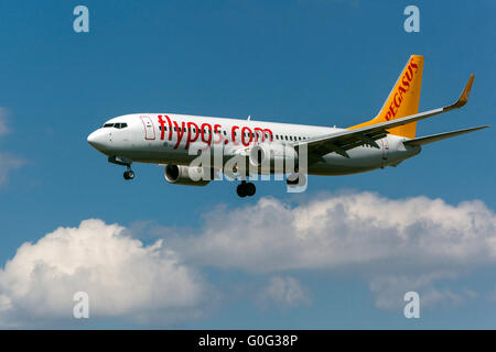 Plane Boeing 737-800 Pegasus approaching for a landing, Ruzyne Prague, Czech Republic Stock Photo