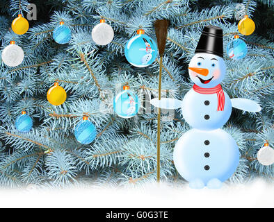 snowman on the background of New Year tree with New-Year tree decorations Stock Photo