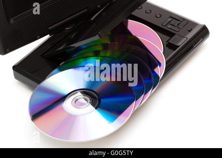 TV with a dvd disks on a white background Stock Photo
