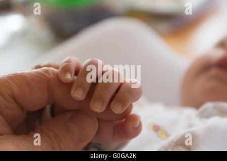 Infant clings to a finger of an adult Stock Photo