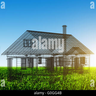 New house wireframe project on green field. Blue sky copyspace. Architecture Stock Photo