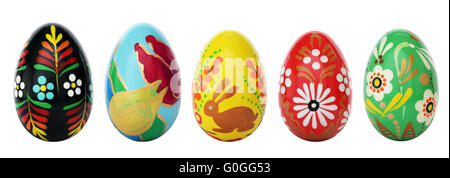 Hand painted Easter eggs isolated on white. Spring patterns art. Stock Photo