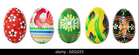 Hand painted Easter eggs isolated on white. Spring patterns art. Stock Photo