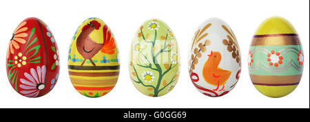 Hand painted Easter eggs isolated on white. Spring patterns art. Stock Photo