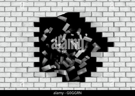 White brick wall falling down making a hole. Black background Stock Photo