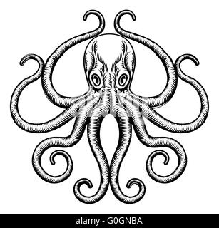 An original octopus or squid tattoo illustration concept design in a vintage woodblock style Stock Photo