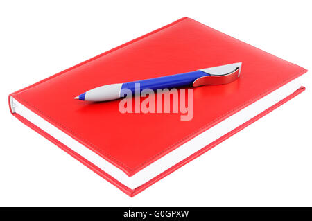 Red paper personal organizer and blue pen isolated on white Stock Photo